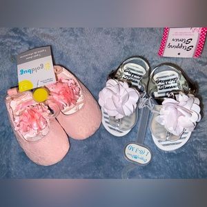 Pink baby shoes and white flowers baby sandals bundle.